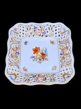 Vintage Schumann German Castle Reticulated Square Chateau Dresden Floral Dish